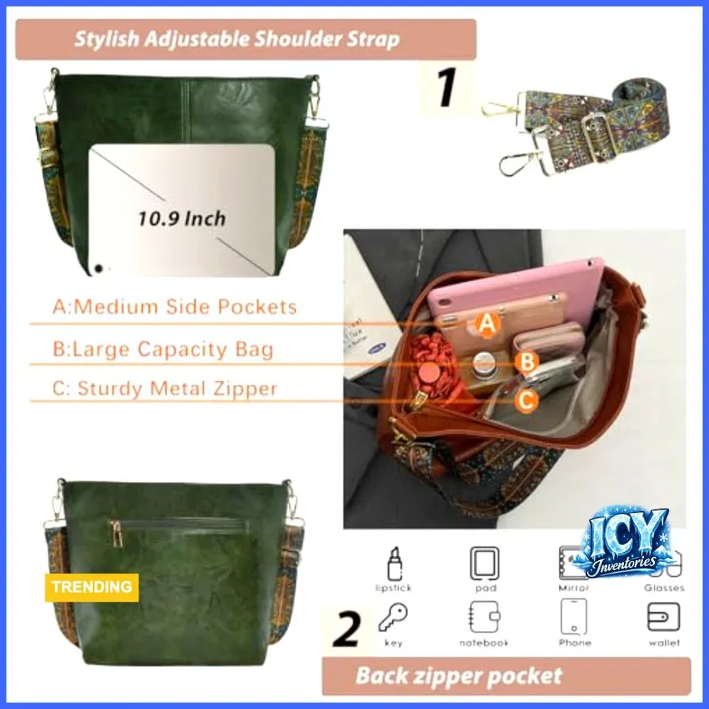 Vegan Leather Hobo Crossbody Bag with Adjustable Guitar Strap